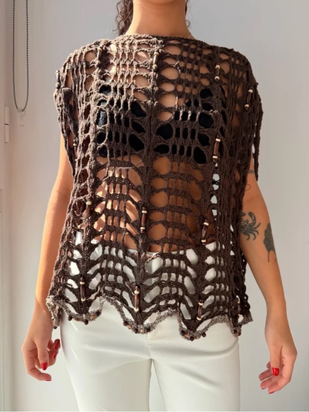 Crocheted Open Weave Top in Dark Brown